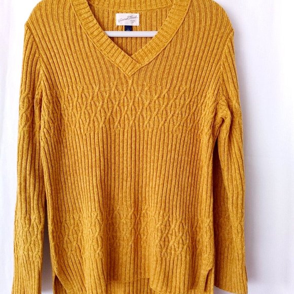Universal Thread Women Pullover High Low Sweater Open Knit V Neck Mustard SZ S - Picture 1 of 8